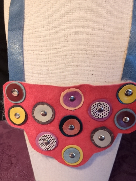 Artisan Handmade Coral Shearling Statement Necklace with Blue Leather Strap - Picture 3 of 9